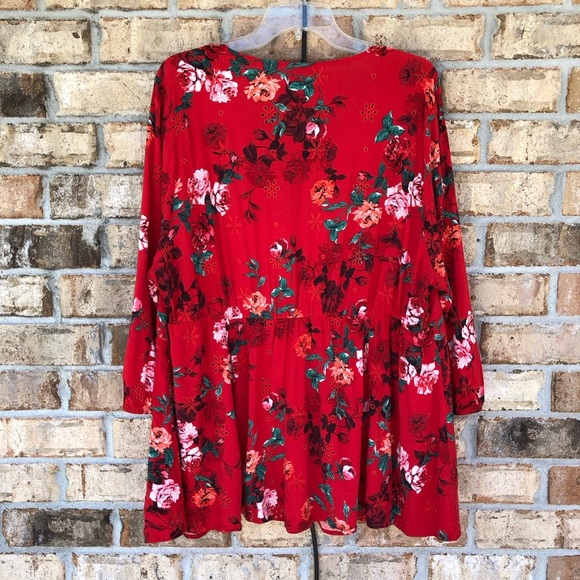 Torrid Red Floral Babydoll Eyelet Elastic Back Bishop Sleeve Lace-Up Top 3 = 3X - Picture 6 of 15